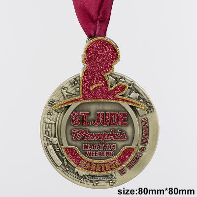 medalhas de esporte de maratona de ouro glitter personalizado com fita
